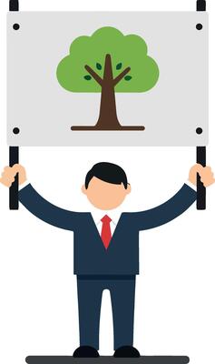 Businessman holding a sign with a tree illustration in minimal art
