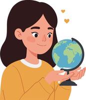A smiling girl holding a globe with affection in a flat illustration vector