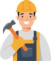 Smiling construction worker in flat style holding a hammer in bright colors art vector