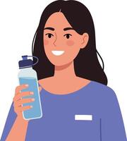Young woman smiling while holding a reusable water bottle in a flat illustration vector