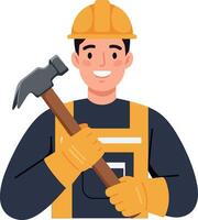 Construction worker smiling while holding a hammer in flat art vector