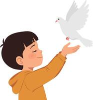 A young boy with a joyful expression releasing a white dove in a flat illustration vector