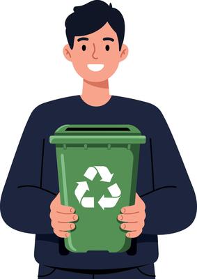 Young man holding a green recycling bin in a minimal illustration