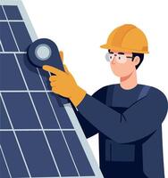Technician adjusting solar panel with tools in flat art style depicting renewable energy work vector