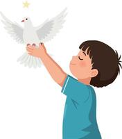 A joyful boy releasing a white dove in a minimalistic illustration vector