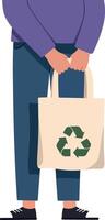 A person holding a reusable tote bag with a recycling symbol in a minimal flat illustration vector
