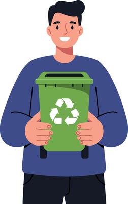 Young man smiling while holding a green recycling bin in a flat illustration