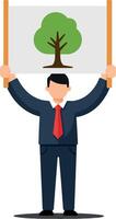 Businessman holding a sign with a tree symbol in minimal flat art vector