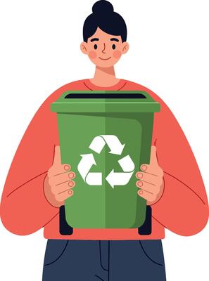 A young woman smiling while holding a green recycling bin in flat art