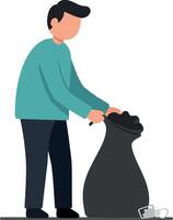 A man collecting trash in a black bag while cleaning a public space in flat art vector