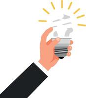Hand holding a light bulb with bright rays in a minimal and modern style illustration vector