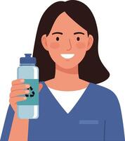 Smiling woman holding a reusable water bottle in a casual setting, minimal art vector