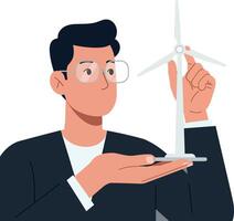 A man holding a small wind turbine model in a minimal design style showcasing renewable energy illustration vector