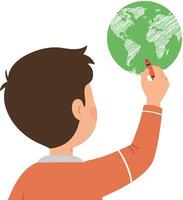 A child drawing on a green globe with a red marker in a flat illustration vector