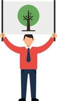 A man holding a sign with a tree illustration in flat design art vector