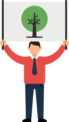 A man holding a sign with a tree illustration in flat design art