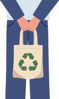 Person holding a reusable bag with a recycling symbol in a minimal illustration vector