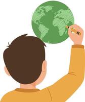 A child drawing on a green globe in a flat illustration style showcasing creativity and curiosity about the world vector
