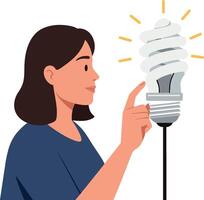 Woman interacting with a light bulb in a minimal flat design illustration vector