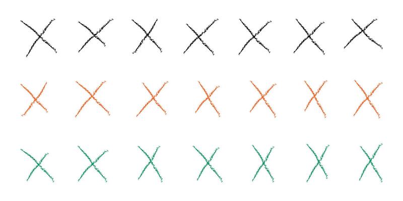 Hand drawn crayon color crosses. Doodle brush handwritten. Marker stroke, pen scribble. Strikethrough x lines. Grunge chalk cross set. Child isolated illustration on white background.