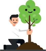 A joyful man planting a smiling tree in brown soil, minimalist illustration vector
