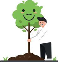 A cheerful man planting a smiling tree in vibrant flat illustration vector
