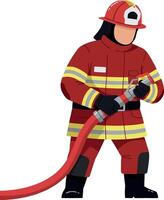 A firefighter in a red uniform wielding a hose in a flat illustration vector