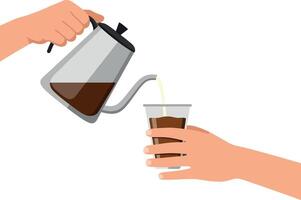 Hands pouring coffee from a kettle into a transparent cup in flat art vector