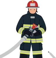 Firefighter in uniform holding a hose with determination in a flat illustration vector