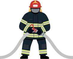 Firefighter in protective gear with hose ready to extinguish flames in flat art vector