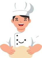 Smiling chef in white uniform showcasing dough in a playful and minimal illustration vector