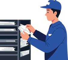 A postal worker organizing mail in a modern office setting with flat design art vector