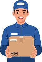 Delivery person smiling while holding a cardboard box in a flat illustration vector