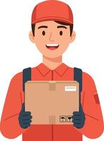 Delivery person in red uniform smiling while holding a package in flat art vector
