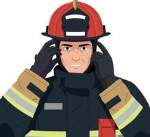 Firefighter in helmet with focused expression, detailed flat illustration capturing a moment of preparation and determination vector