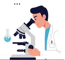 Scientist examining samples through a microscope in a flat illustration vector