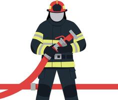 Firefighter in uniform holding a red hose in a flat style art vector