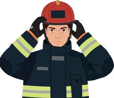 A firefighter preparing for duty in flat art, showcasing protective gear and focused expression in a dynamic pose vector