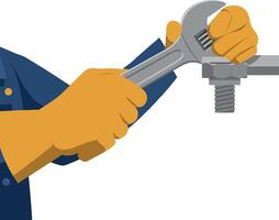 Detailed illustration of a mechanic using a wrench to tighten a bolt in flat art vector