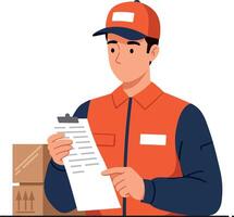 Delivery worker in orange uniform checking paperwork with cardboard boxes in flat illustration vector