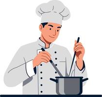 Chef in a white uniform stirring a pot with a focused expression in minimal art vector