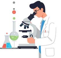 Scientist examining samples through a microscope in flat art style with colorful laboratory equipment vector