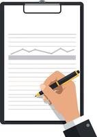 Hand holding a pen writing on a clipboard in minimal flat design art vector