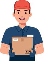 Delivery person smiling while holding a cardboard package in a flat illustration vector