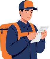 Delivery person in uniform checking a receipt with an orange backpack in flat art vector