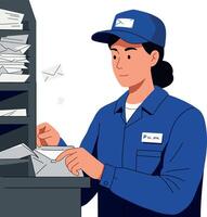 Postal worker sorting letters at a mail station in a flat illustration vector