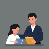 A man and a girl discussing books in a cozy setting, flat illustration vector