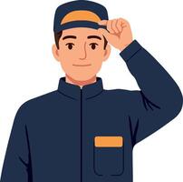 Young man in uniform with cap, smiling and saluting in a flat illustration vector