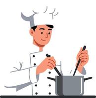 Chef in a white uniform stirring a pot in a minimal style illustration vector