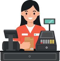 Friendly cashier in a red uniform at the checkout counter, minimal illustration vector